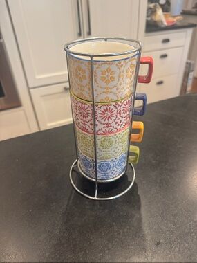 Pier 1 Colorful Floral Stackable Mugs — Yellow, Red, Green, Blue